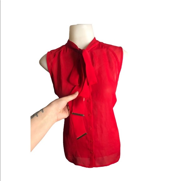 Worthington | Red Sheer Neck Tie detailing sleeveless button down blouse - Picture 7 of 9